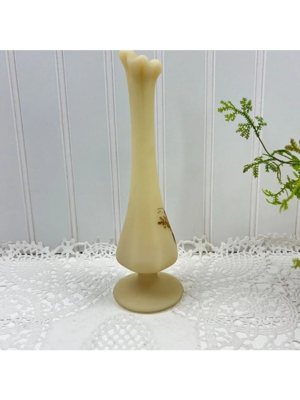 Fenton Custard Glass Satin Pedestal Swung Bud Vase Hand Painted Artist Signed